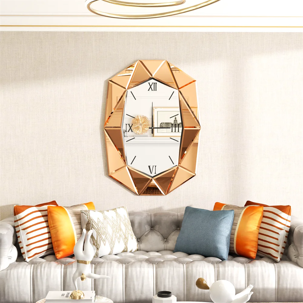 Irregular Mirrored Wall Clock - Beveled Diamond Design with Silent Roman Numerals