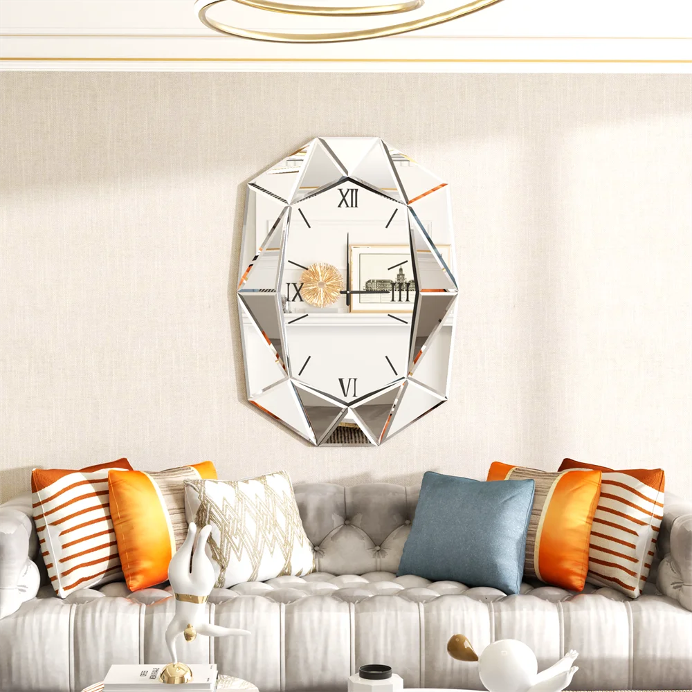 Irregular Mirrored Wall Clock - Beveled Diamond Design with Silent Roman Numerals